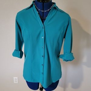 Dressbarn Women's Button Teal Long Sleeve Blouse, Size Medium